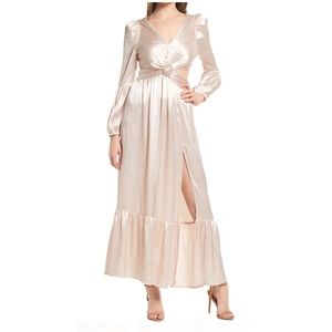 RAHI Leila Luster Long Sleeve Midi Dress in Champagne, Size S Retail $189.00